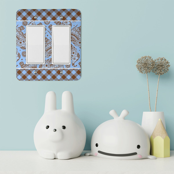Gingham & Elephants Rocker Light Switch Covers - Double - IN CONTEXT