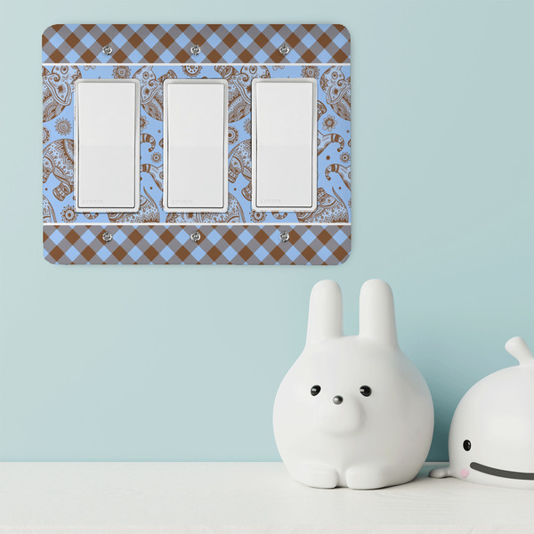 Gingham & Elephants Rocker Light Switch Covers - Triple - IN CONTEXT