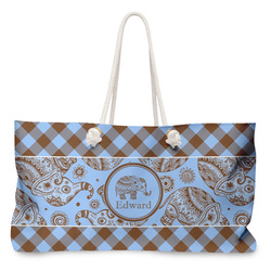 Gingham & Elephants Large Tote Bag with Rope Handles (Personalized)