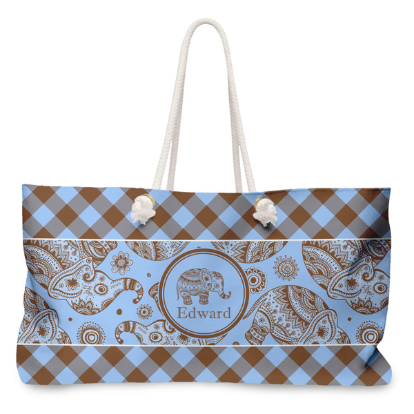Custom Gingham & Elephants Large Tote Bag with Rope Handles (Personalized)