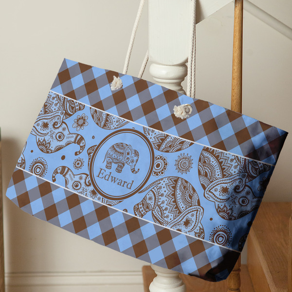 Gingham & Elephants Large Rope Tote - Life Style