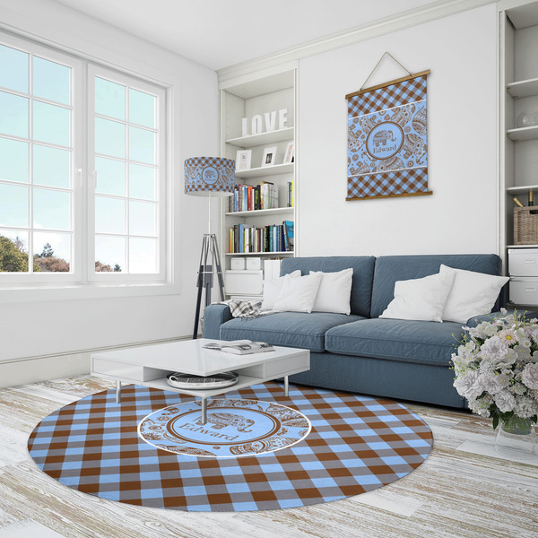 Gingham & Elephants Round Area Rug - IN CONTEXT