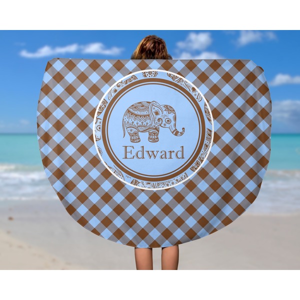 Gingham & Elephants Round Beach Towel - In Use