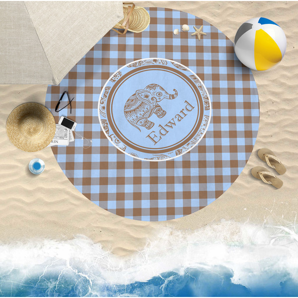 Gingham & Elephants Round Beach Towel Lifestyle