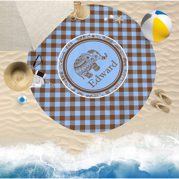 Gingham & Elephants Round Beach Towel Lifestyle