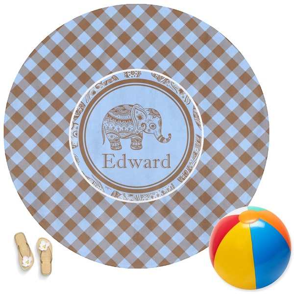 Custom Gingham & Elephants Round Beach Towel (Personalized)
