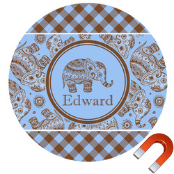 Gingham & Elephants Round Car Magnet - 10" (Personalized)