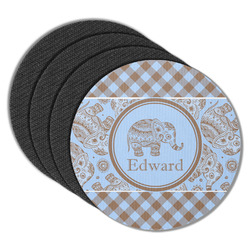 Gingham & Elephants Round Rubber Backed Coasters - Set of 4 (Personalized)