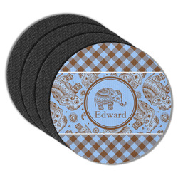 Gingham & Elephants Round Rubber Backed Coasters - Set of 4 (Personalized)