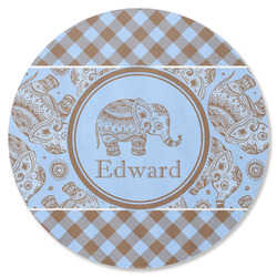 Gingham & Elephants Round Rubber Backed Coaster (Personalized)
