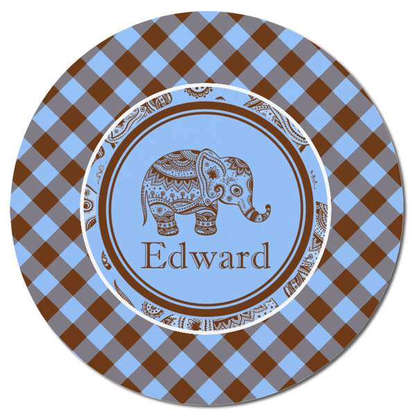 Gingham & Elephants Round Fridge Magnet - FRONT