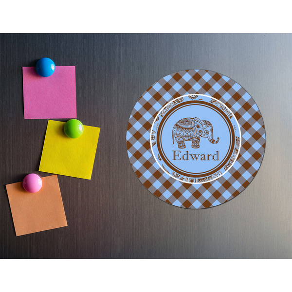 Gingham & Elephants Round Fridge Magnet - LIFESTYLE