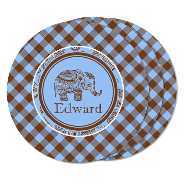 Gingham & Elephants Round Fridge Magnet - THREE