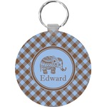 Gingham & Elephants Round Plastic Keychain (Personalized)