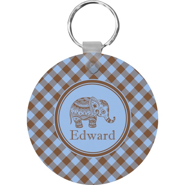 Gingham & Elephants Round Keychain (Personalized)