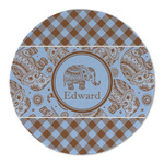 Gingham & Elephants Round Linen Placemat (Personalized)