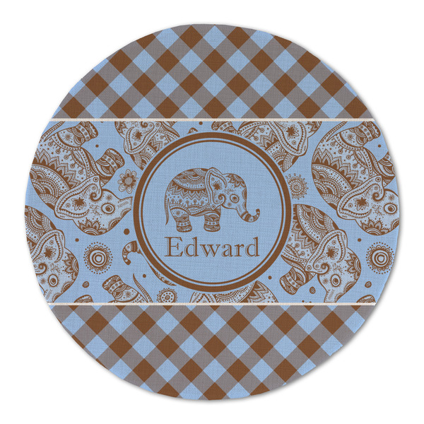 Custom Gingham & Elephants Round Linen Placemat (Personalized)