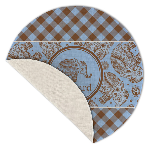 Gingham & Elephants Round Linen Placemats - Front (folded corner single sided)