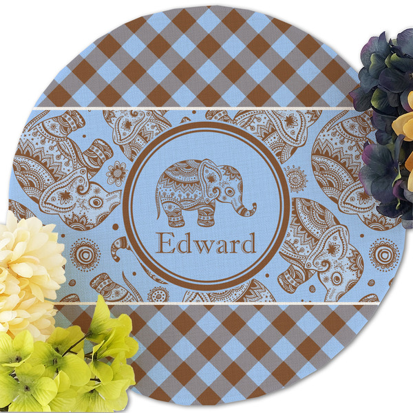 Gingham & Elephants Round Linen Placemats - Front (w flowers)