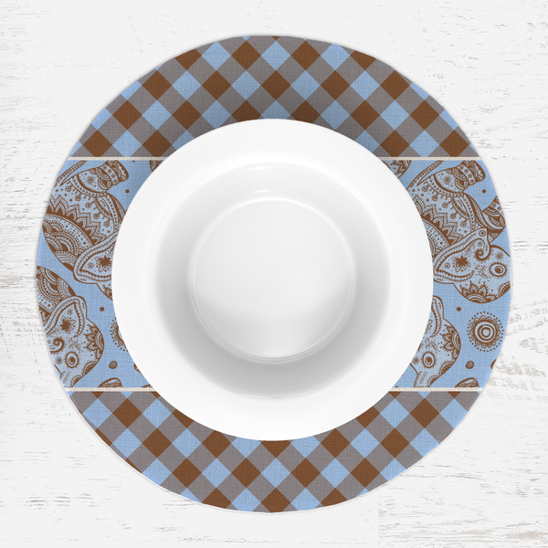 Gingham & Elephants Round Linen Placemats - LIFESTYLE (single)