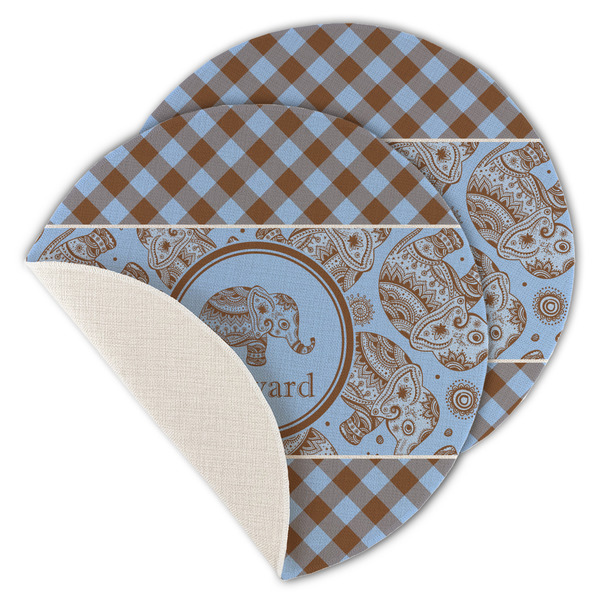 Custom Gingham & Elephants Round Linen Placemat - Single Sided - Set of 4 (Personalized)