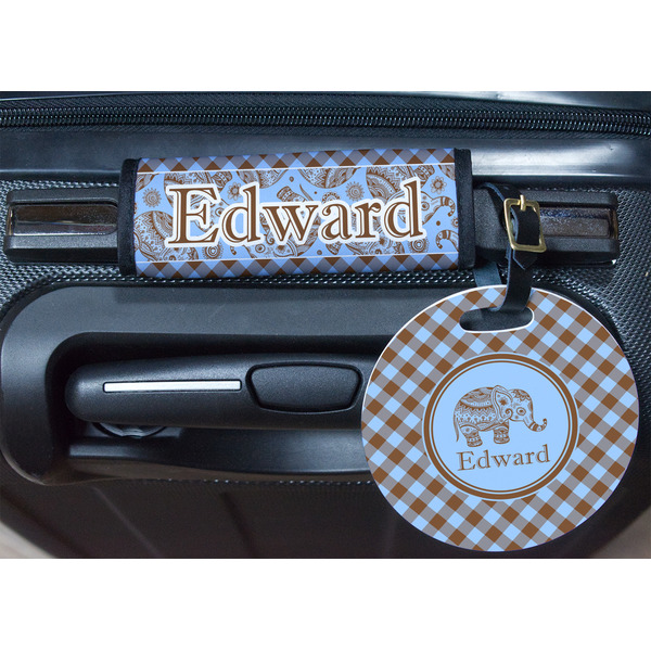 Gingham & Elephants Round Luggage Tag & Handle Wrap - In Context