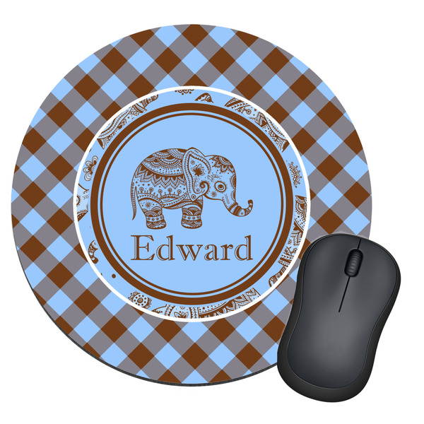 Custom Gingham & Elephants Round Mouse Pad (Personalized)