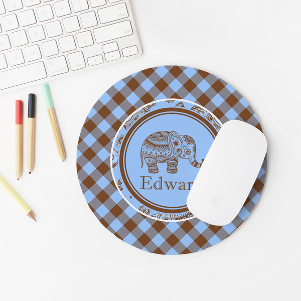 Gingham & Elephants Round Mousepad - LIFESTYLE 2