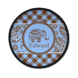 Gingham & Elephants Iron On Round Patch w/ Name or Text