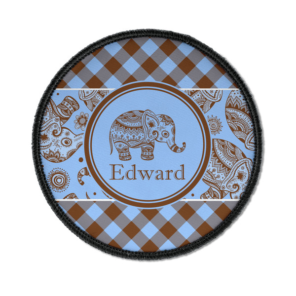 Custom Gingham & Elephants Iron On Round Patch w/ Name or Text