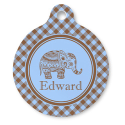 Gingham & Elephants Round Pet ID Tag - Large (Personalized)