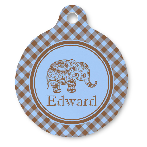 Custom Gingham & Elephants Round Pet ID Tag (Personalized)