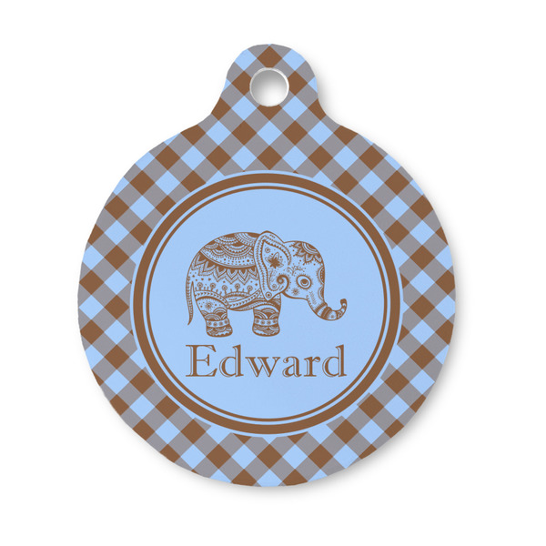 Custom Gingham & Elephants Round Pet ID Tag - Small (Personalized)