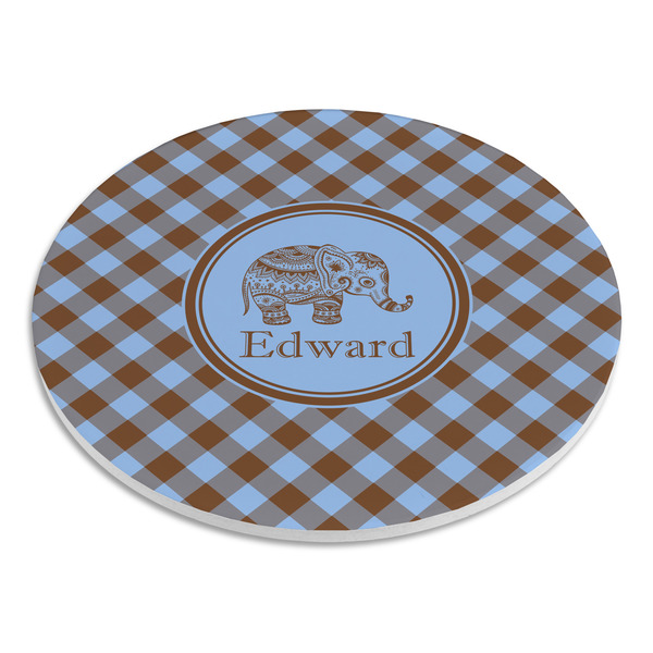 Gingham & Elephants Round Stone Trivet - Angle View