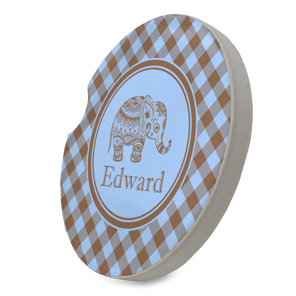 Gingham & Elephants Sandstone Car Coaster - STANDING ANGLE
