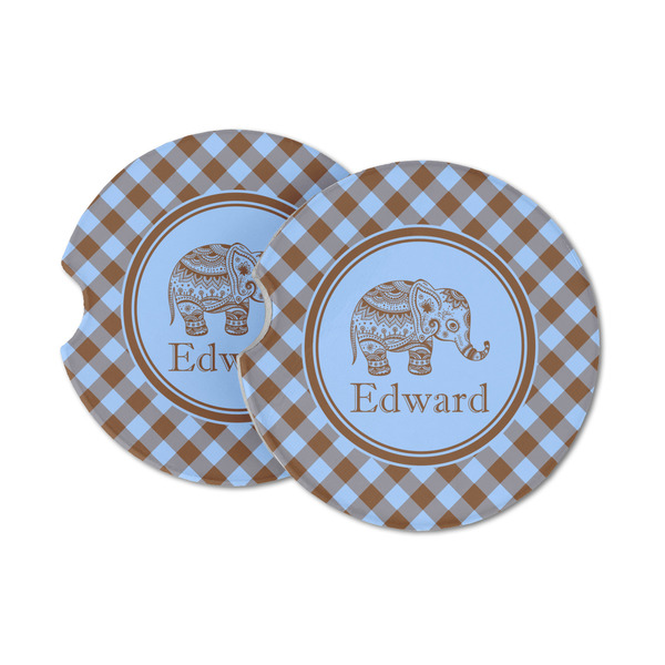 Custom Gingham & Elephants Sandstone Car Coasters - Set of 2 (Personalized)