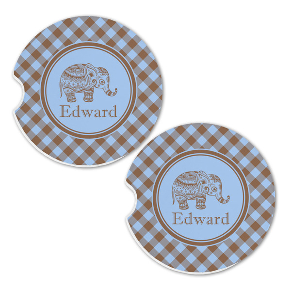 Gingham & Elephants Sandstone Car Coasters - Set of 2