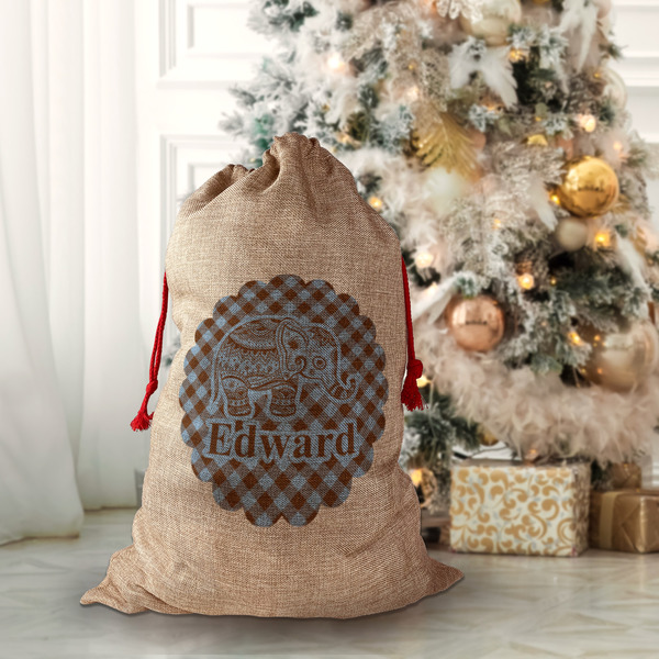 Gingham & Elephants Santa Bag - Front (stuffed)