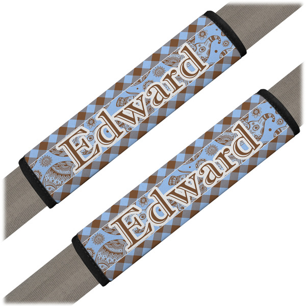 Custom Gingham & Elephants Seat Belt Covers (Set of 2) (Personalized)