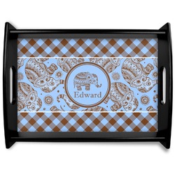 Gingham & Elephants Black Wooden Tray - Large (Personalized)