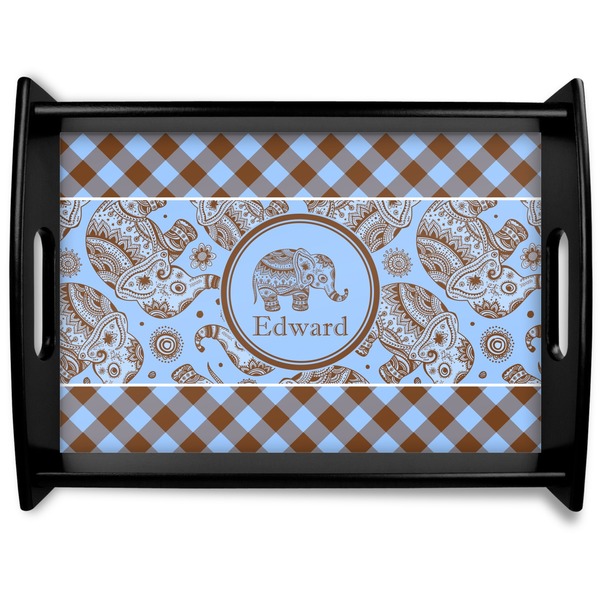 Custom Gingham & Elephants Black Wooden Tray - Large (Personalized)