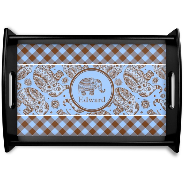 Custom Gingham & Elephants Black Wooden Tray - Small (Personalized)
