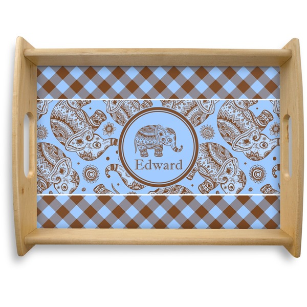 Custom Gingham & Elephants Natural Wooden Tray - Large (Personalized)