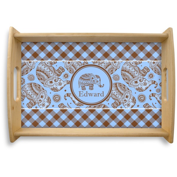 Custom Gingham & Elephants Natural Wooden Tray - Small (Personalized)