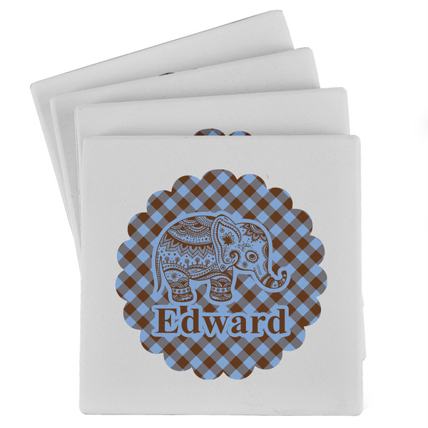 Custom Gingham & Elephants Absorbent Stone Coasters - Set of 4 (Personalized)