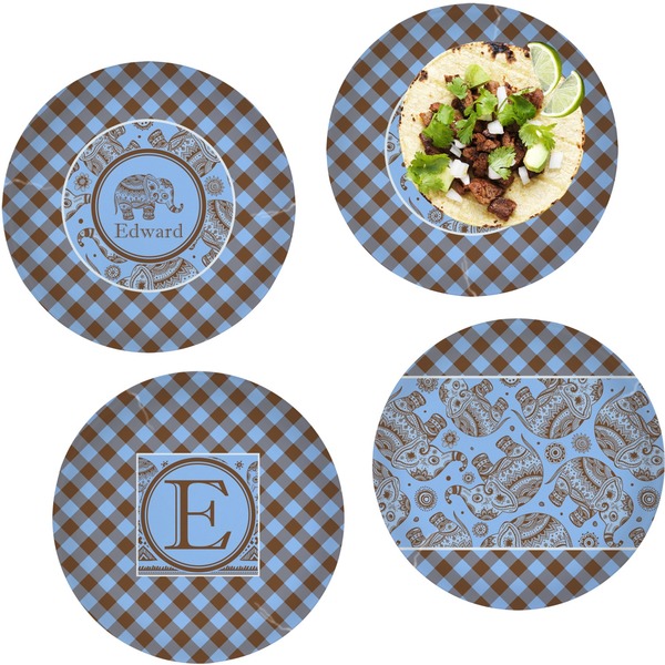 Custom Gingham & Elephants Set of 4 Glass Lunch / Dinner Plate 10" (Personalized)