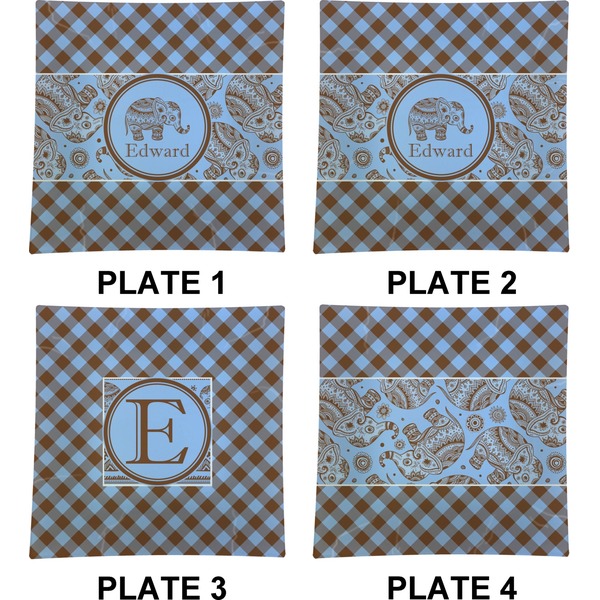 Gingham & Elephants Set of Square Dinner Plates (Approval)
