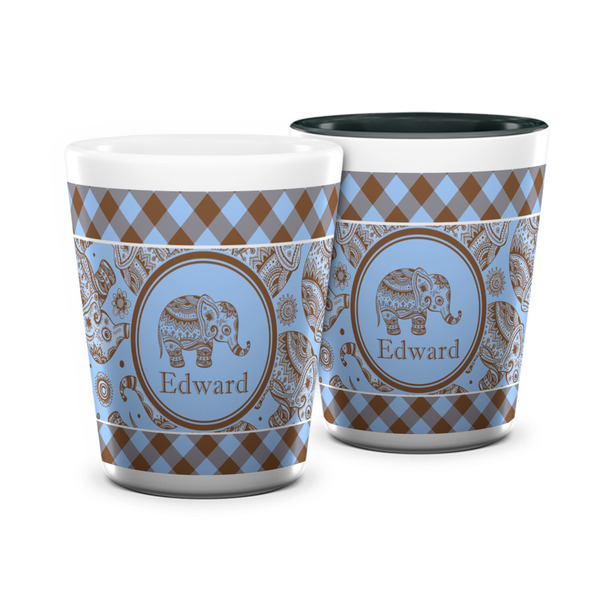 Custom Gingham & Elephants Ceramic Shot Glass - 1.5 oz (Personalized)