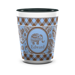 Gingham & Elephants Ceramic Shot Glass - 1.5 oz - Two Tone - Single (Personalized)
