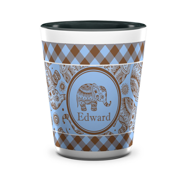 Custom Gingham & Elephants Ceramic Shot Glass - 1.5 oz - Two Tone - Single (Personalized)